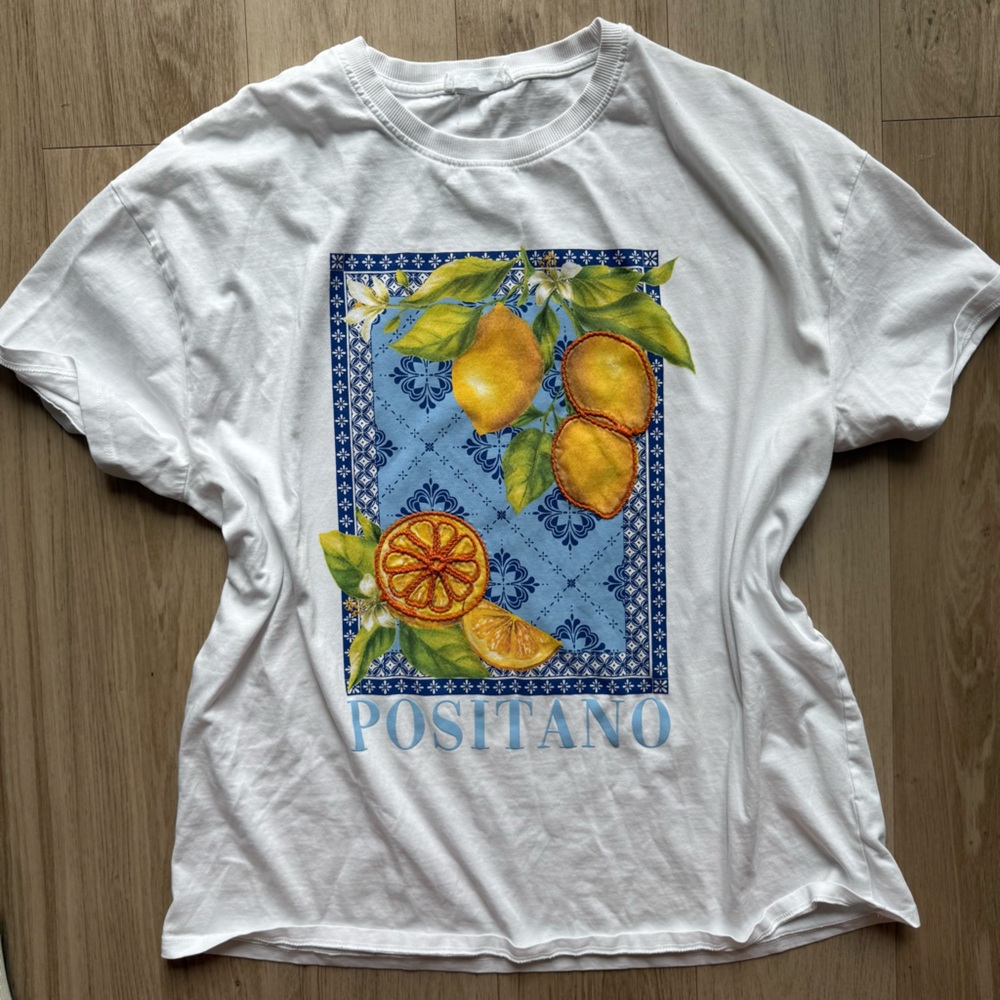 Primark White Top with Blue Accents lemons